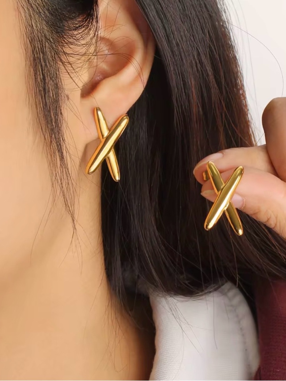 Gold Crossed Bar Stud Earrings
Stainless Steel - Picture 2 of 2